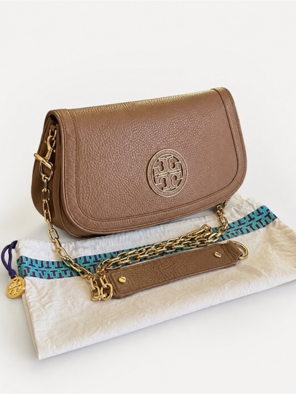 Tory Burch Amanda Taupe Pebbled Leather Chain Shoulder Crossbody Bag